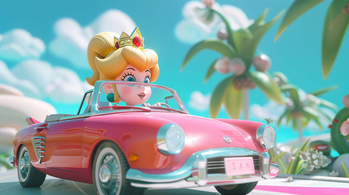 Princess Mural Wallpaper | Pink Convertible in Tropical Paradise