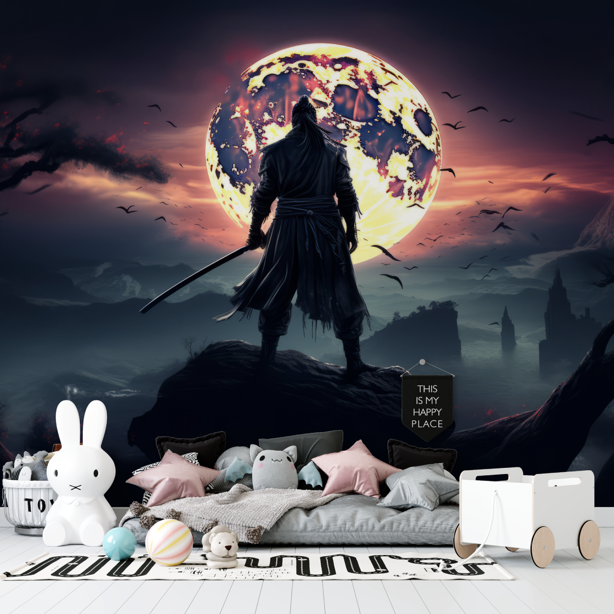 Japanese Mural Wallpaper | Warrior Silhouette with Moon