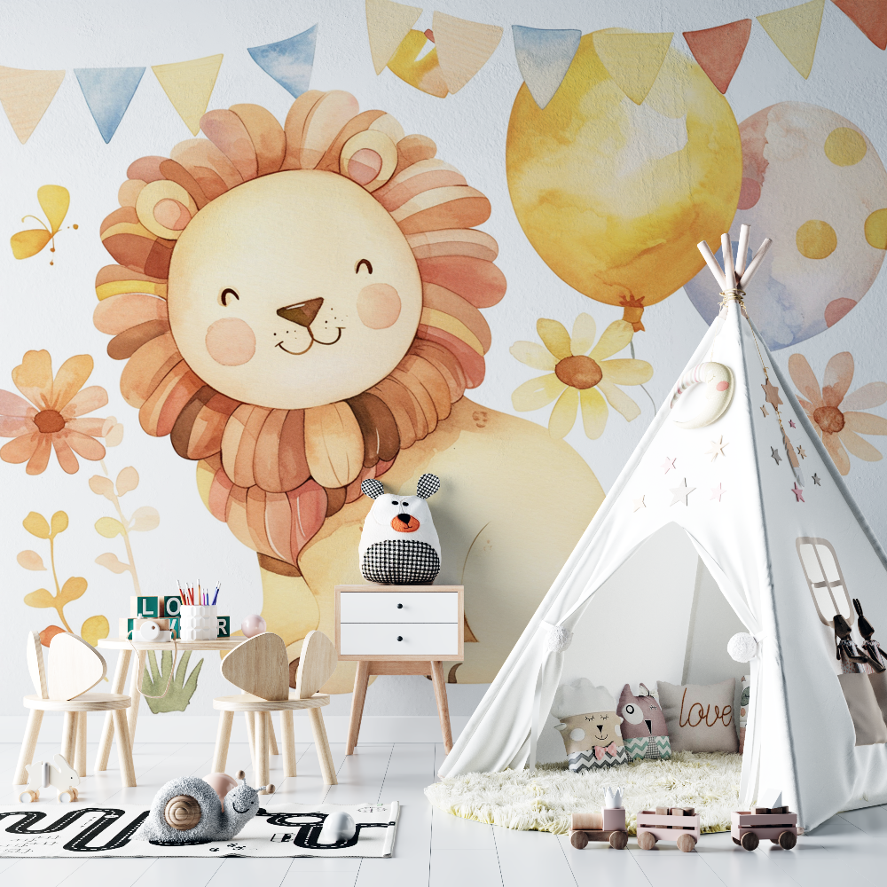 Lion Mural Wallpaper | Cute Safari with Balloons and Flowers