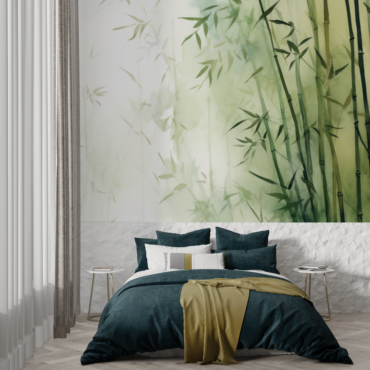Bamboo Mural Wallpaper | Zen Green Watercolor Design