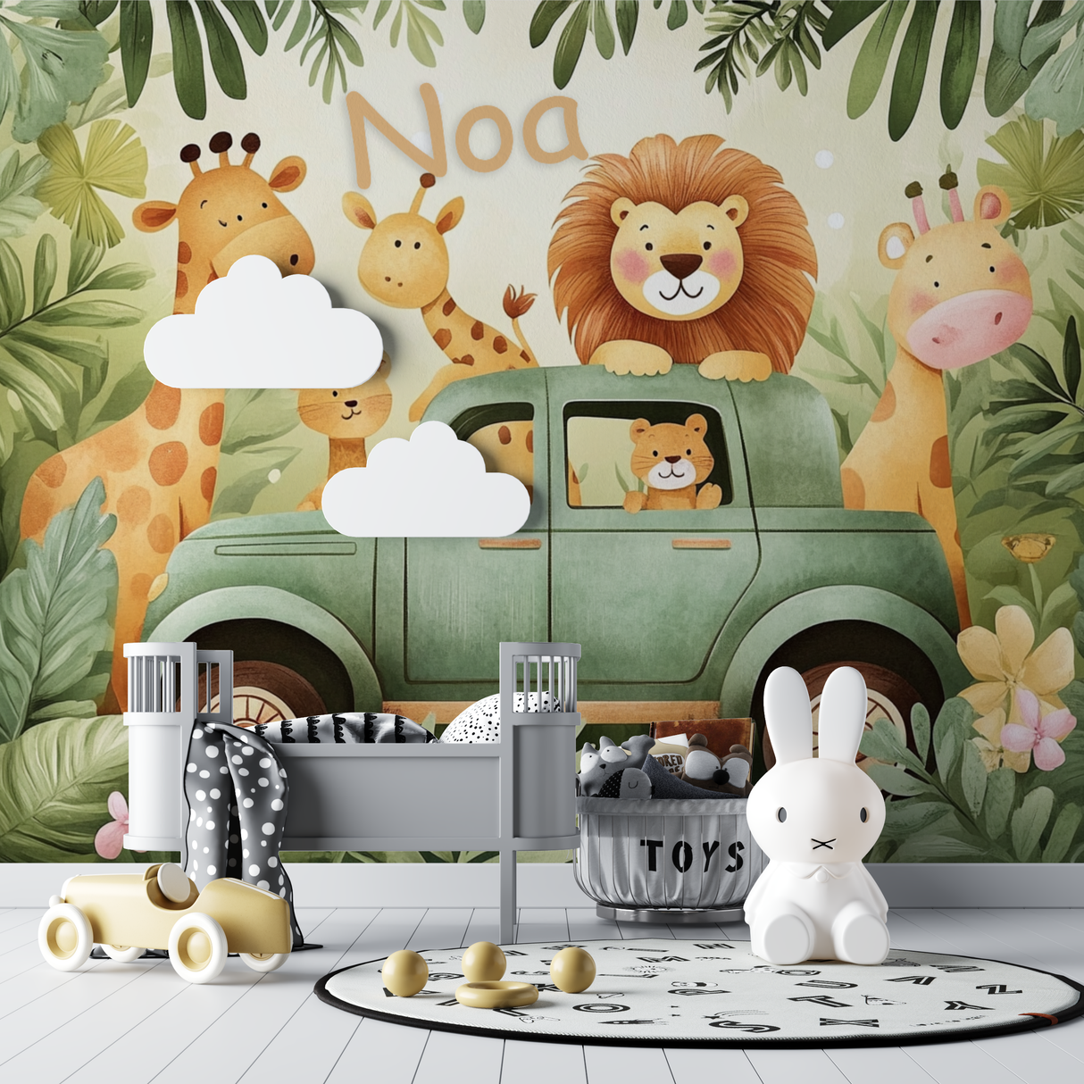 Safari Mural Wallpaper | Jungle Animals Adventure with Vintage Car
