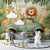 Safari Mural Wallpaper | Jungle Animals Adventure with Vintage Car