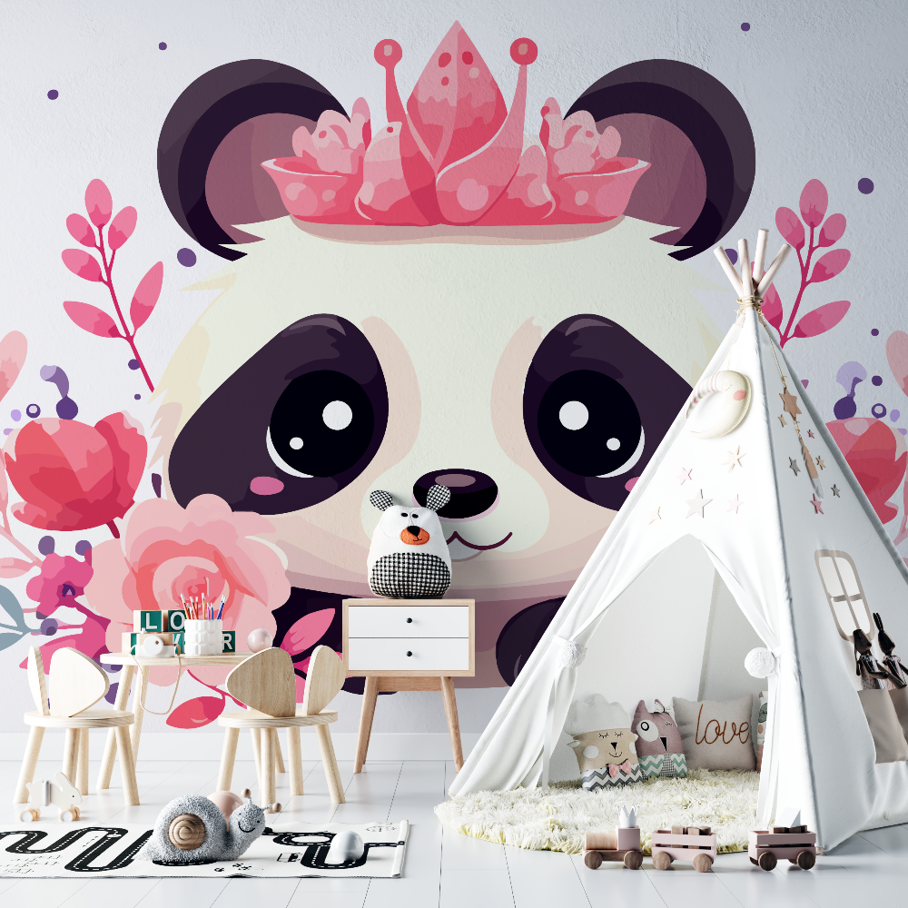 Princess Panda Mural Wallpaper | Pink Floral Crown Design