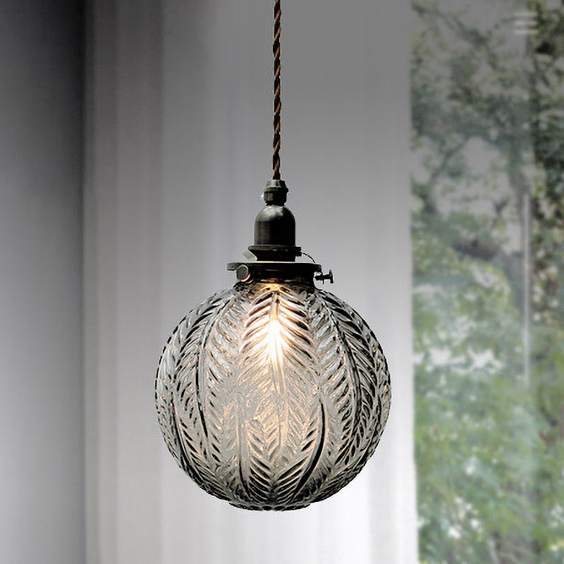 Vintage Glass Pendant Light  Leaf Pattern Globe Design - Product showcase