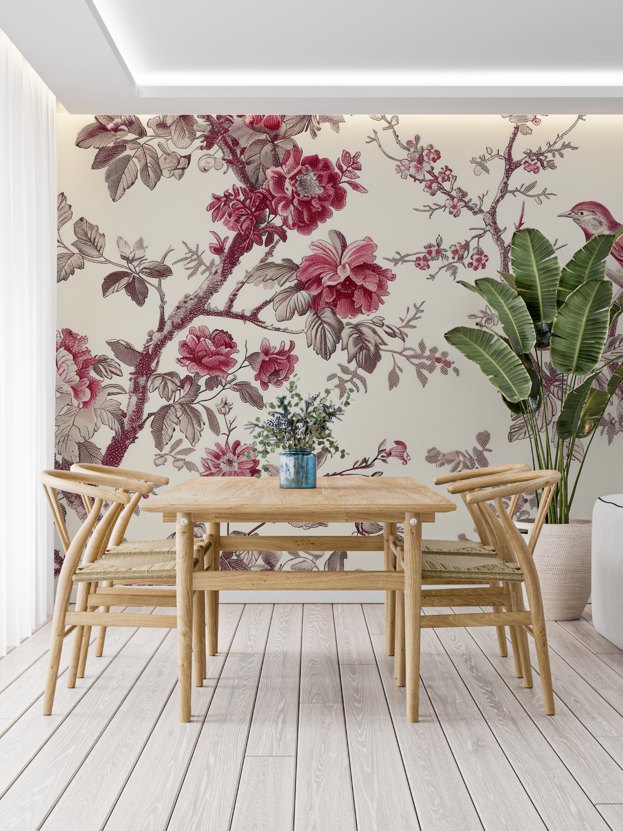 Floral Mural Wallpaper | Vintage Rose and Bird Design