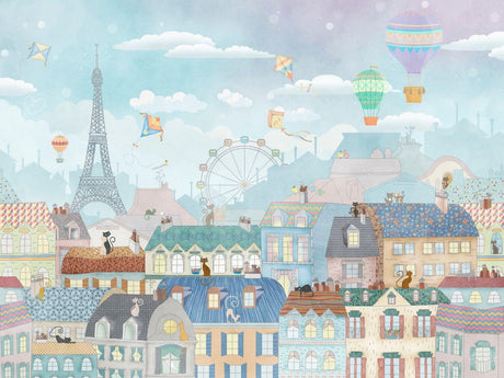 Papier Peint Mural Paris | Paysage Urbain Fantaisiste Avec Montgolfières