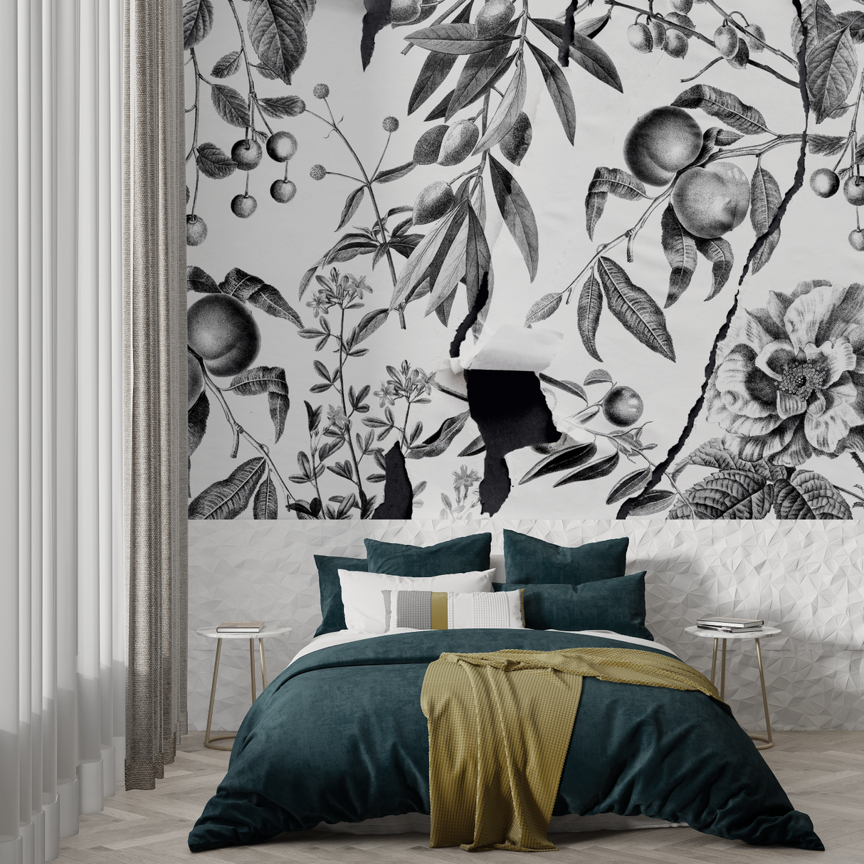 Botanical Mural Wallpaper | Black and White Vintage Fruit Design