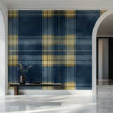 Plaid Mural Wallpaper | Classic Blue and Gold Pattern
