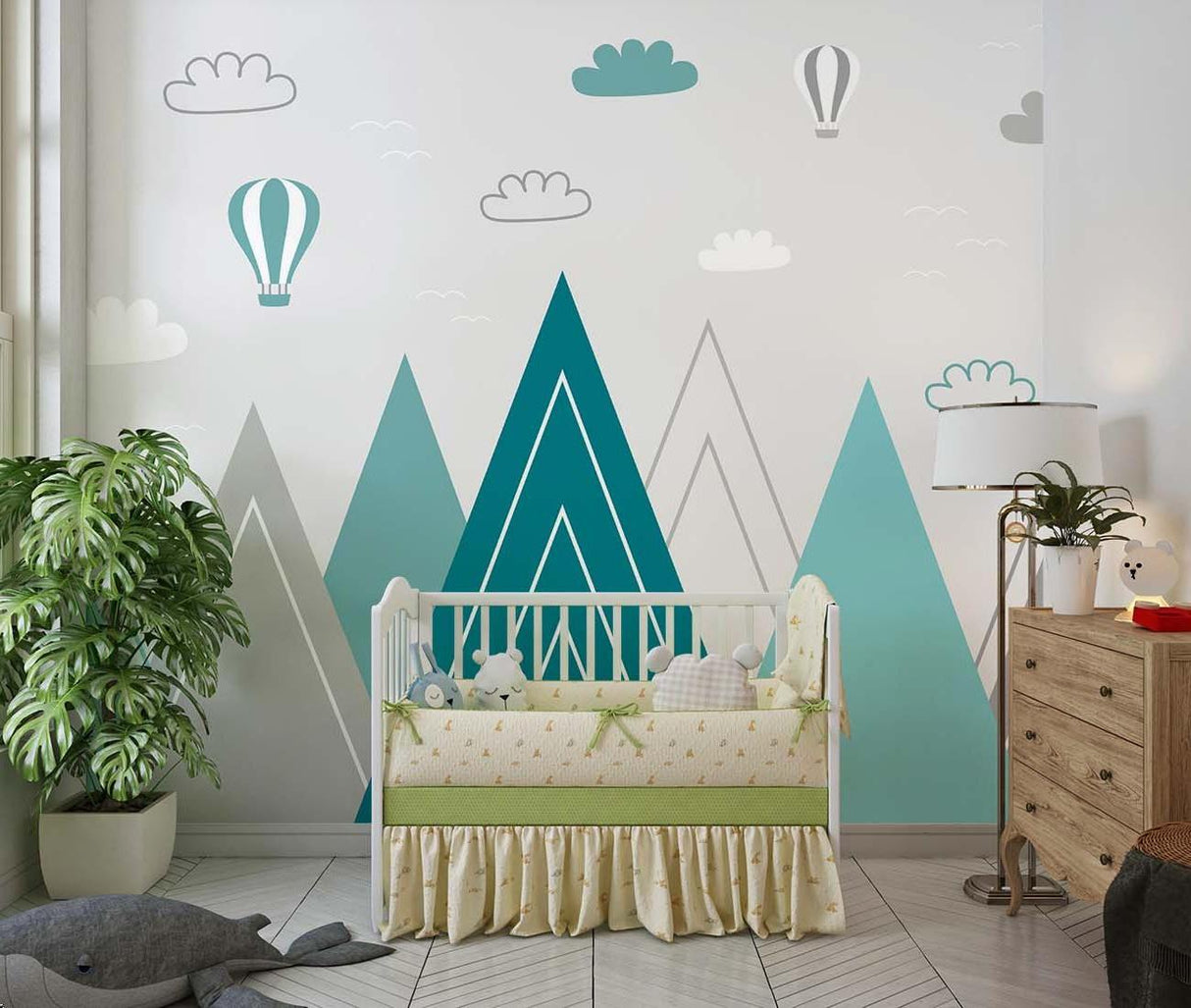 Mountain Mural Wallpaper | Turquoise Peaks with Hot Air Balloons