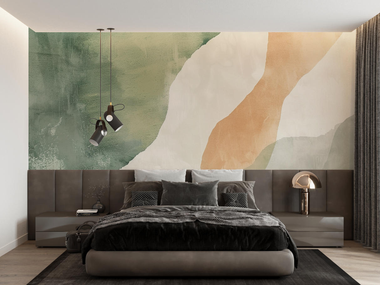 Abstract Mural Wallpaper | Green and Terracotta Waves Design