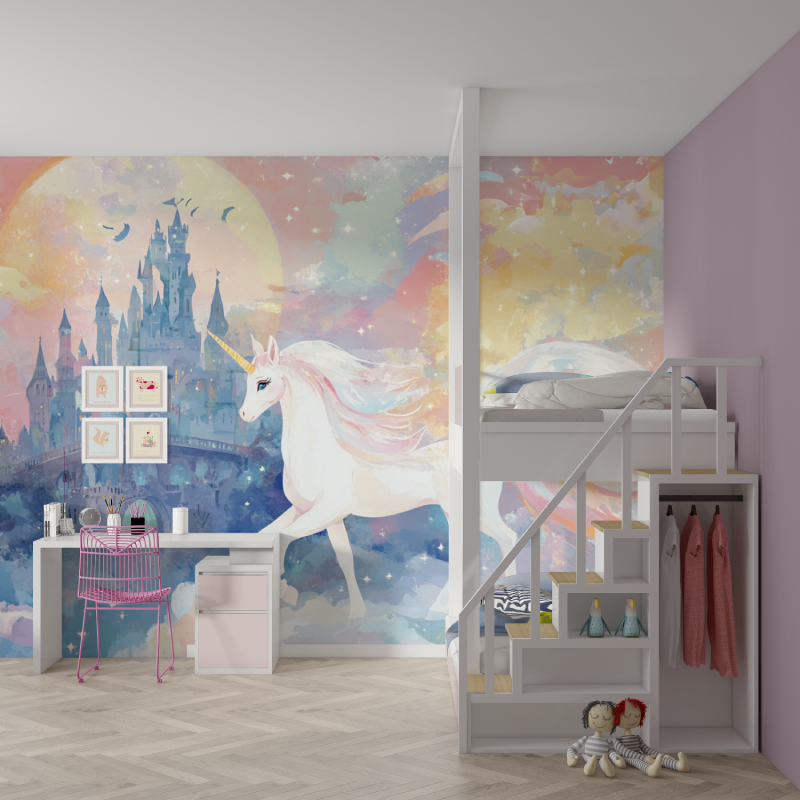 Unicorn Mural Wallpaper | Magical Castle with Rainbow Sky