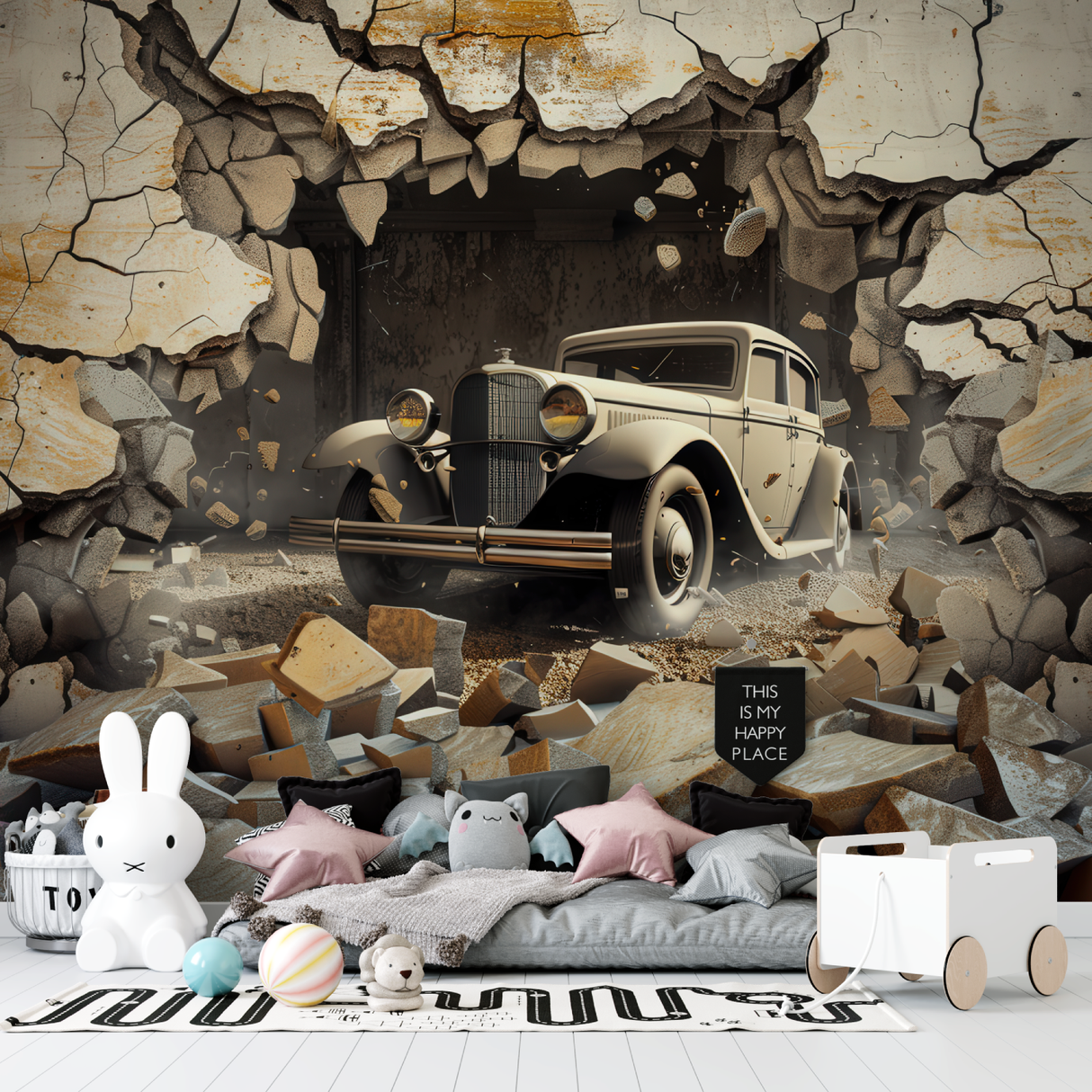3D Car Mural Wallpaper | Vintage Automobile Breaking Through Wall