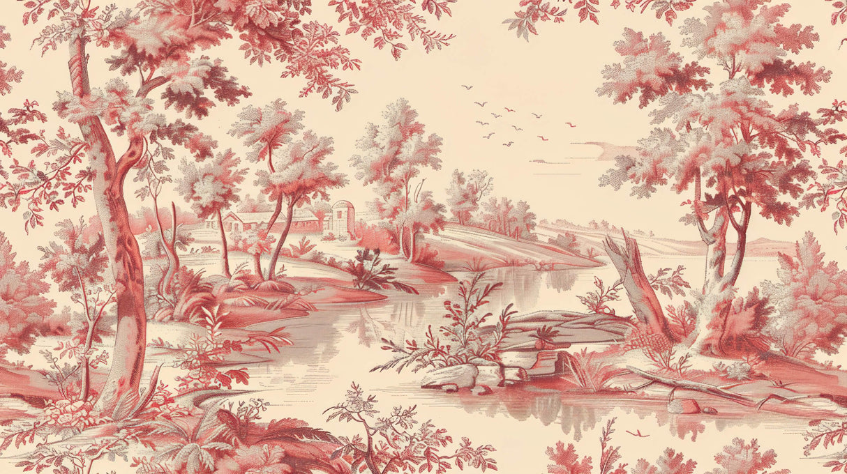 Toile de Jouy Mural Wallpaper | Classic French Countryside Scene in Red