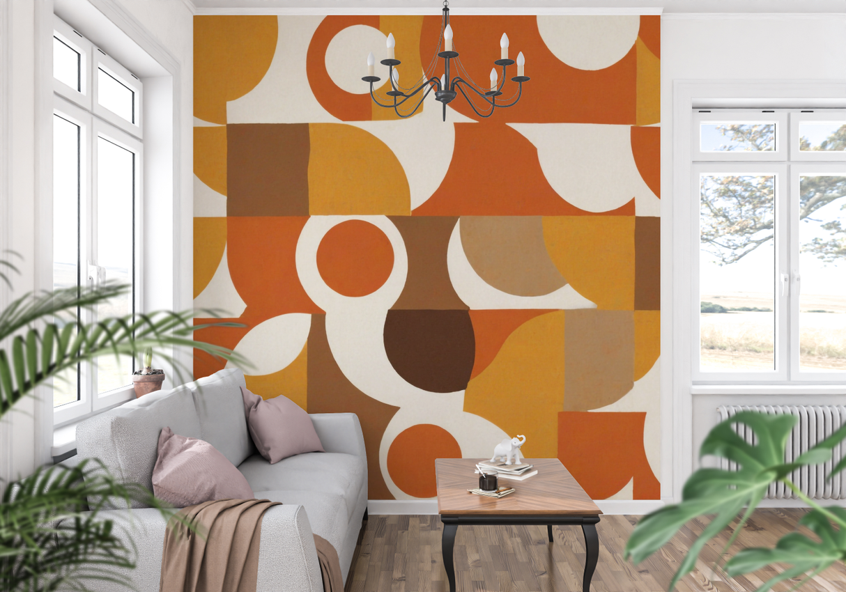 Retro Mural Wallpaper | 70s Geometric Orange and Brown