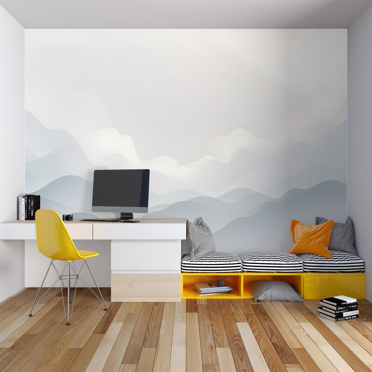Mountain Mural Wallpaper | Minimalist Gray Waves Design