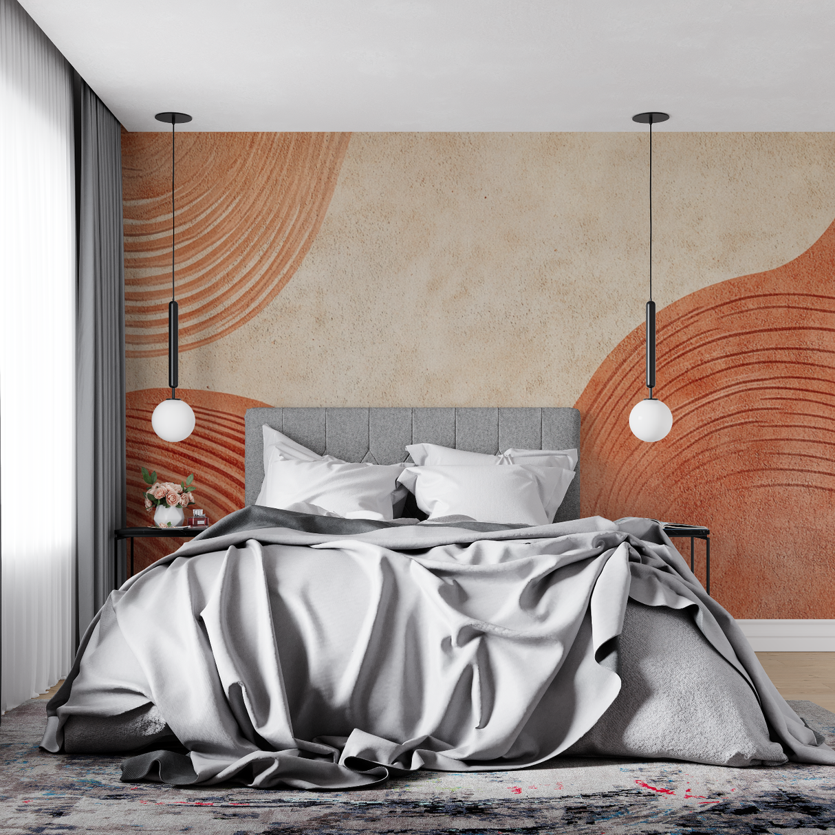 Abstract Mural Wallpaper | Terracotta Curved Lines Design