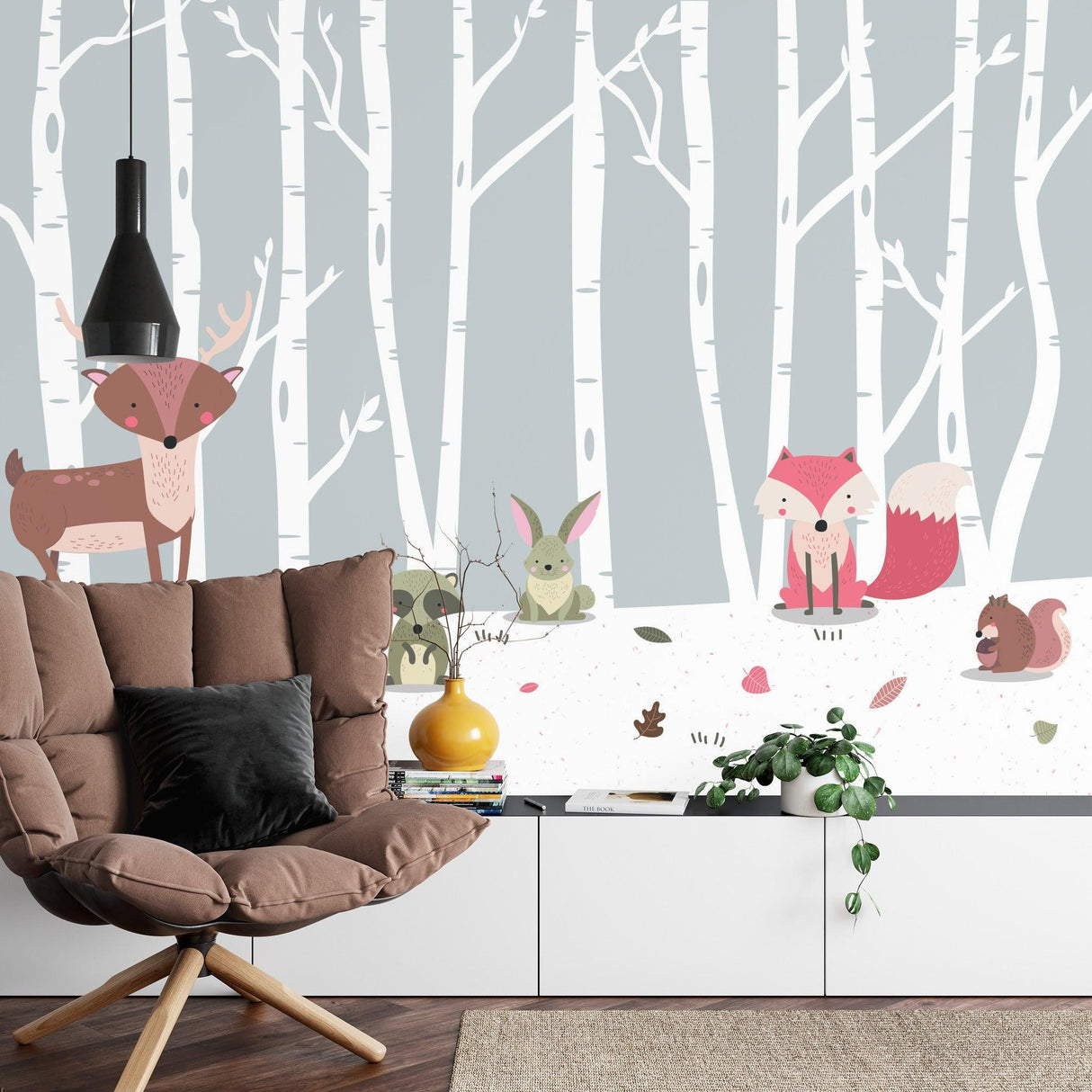 Forest Animals Mural Wallpaper | Woodland Friends in Birch Grove