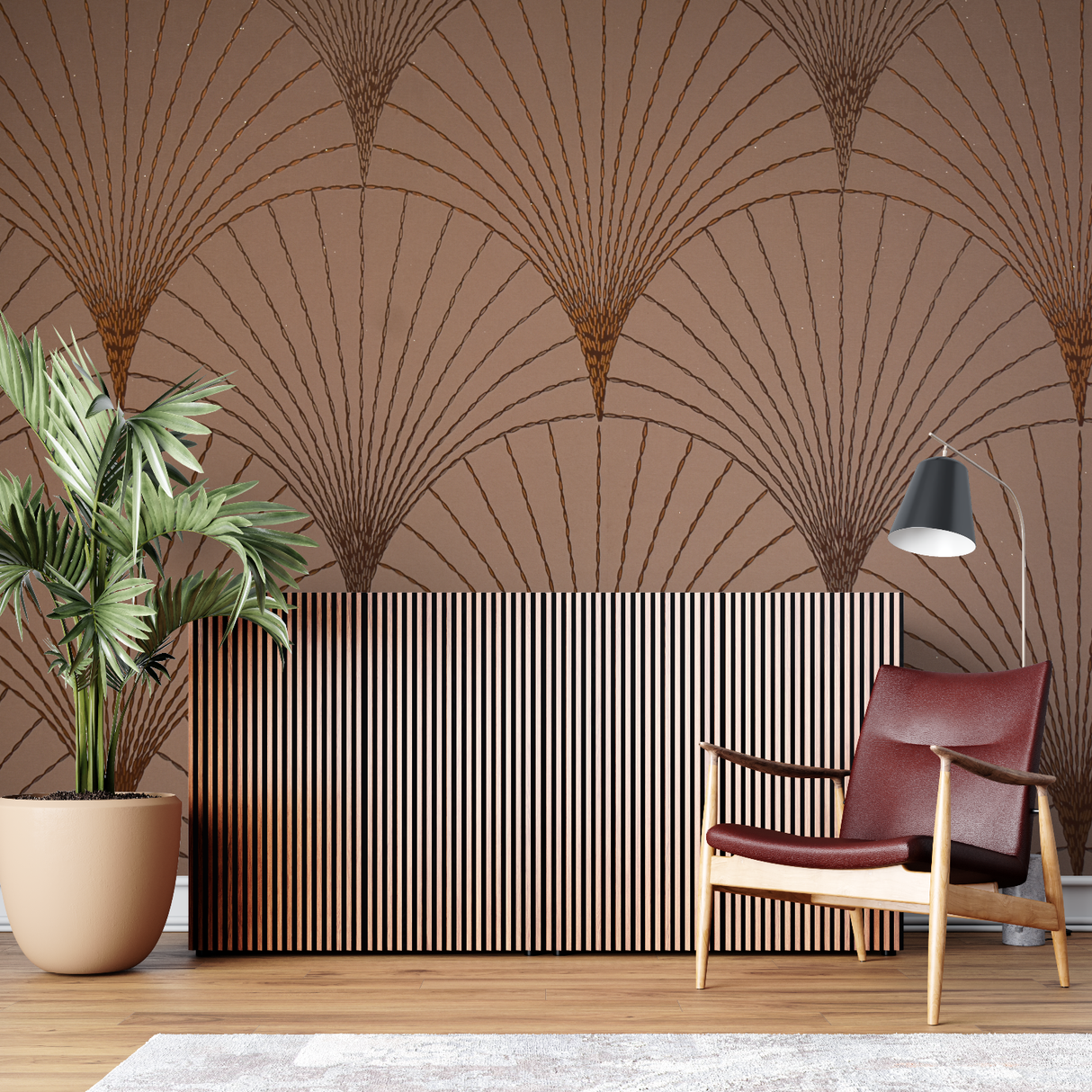 Art Deco Mural Wallpaper | Geometric Fan Pattern in Terracotta