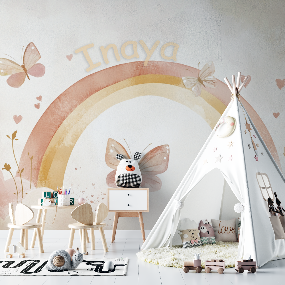 Rainbow Mural Wallpaper | Personalized Kids Name with Butterflies