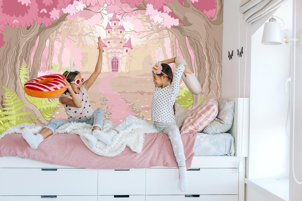 Princess Castle Mural Wallpaper | Enchanted Pink Forest Path