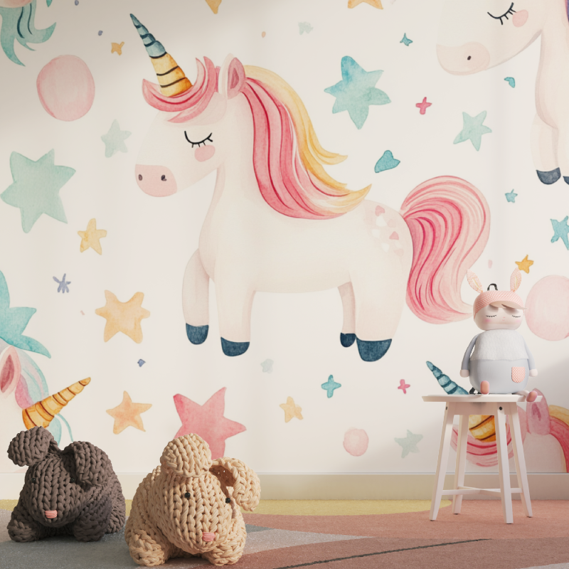 Unicorn Mural Wallpaper | Dreamy Watercolor with Stars and Clouds