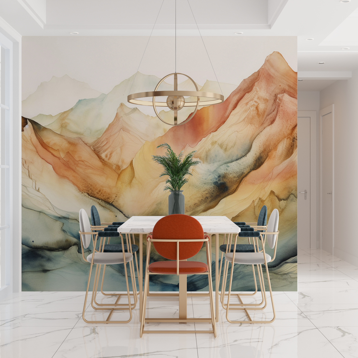 Mountain Mural Wallpaper | Watercolor Terracotta Landscape