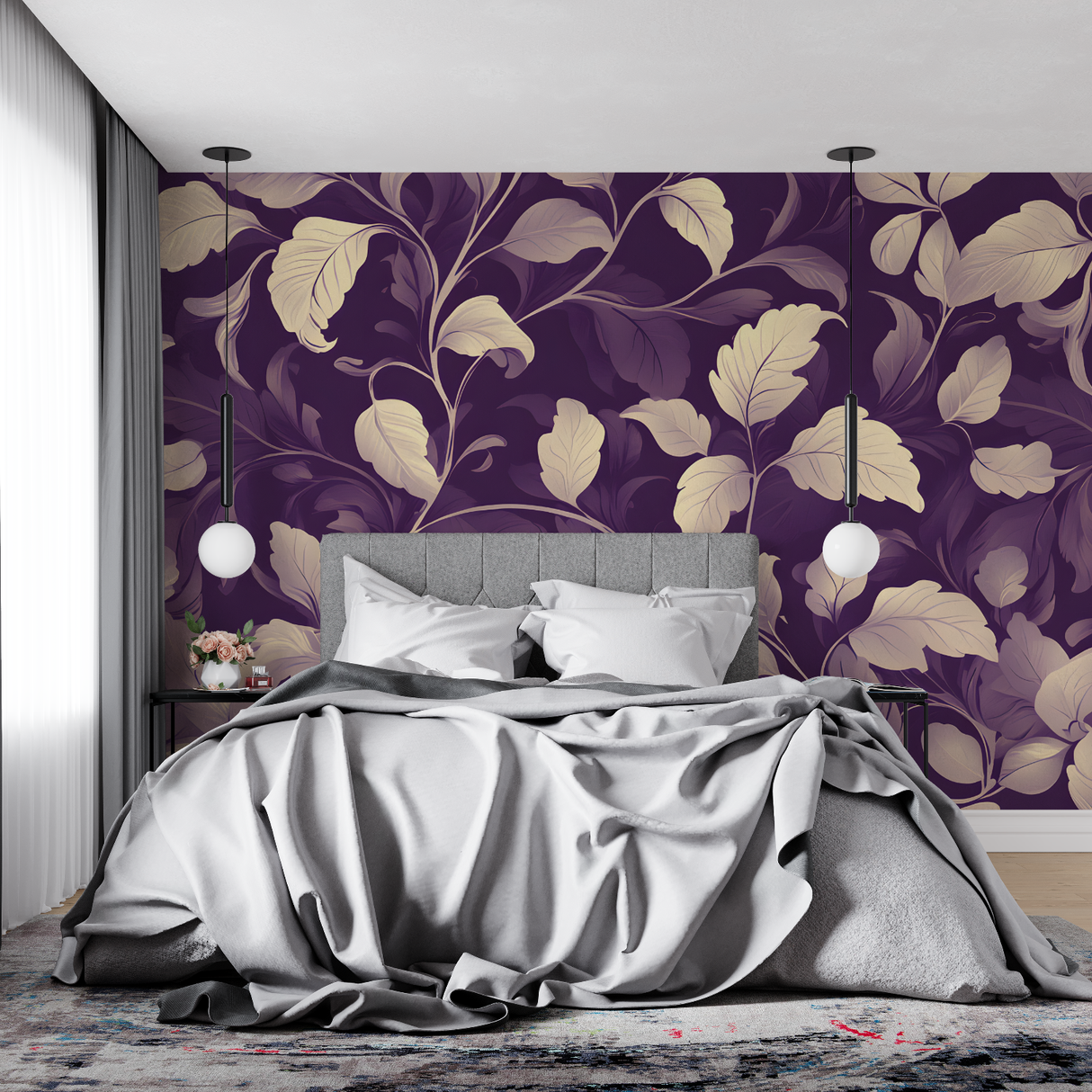 Floral Mural Wallpaper | Elegant Purple With Cream Leaves