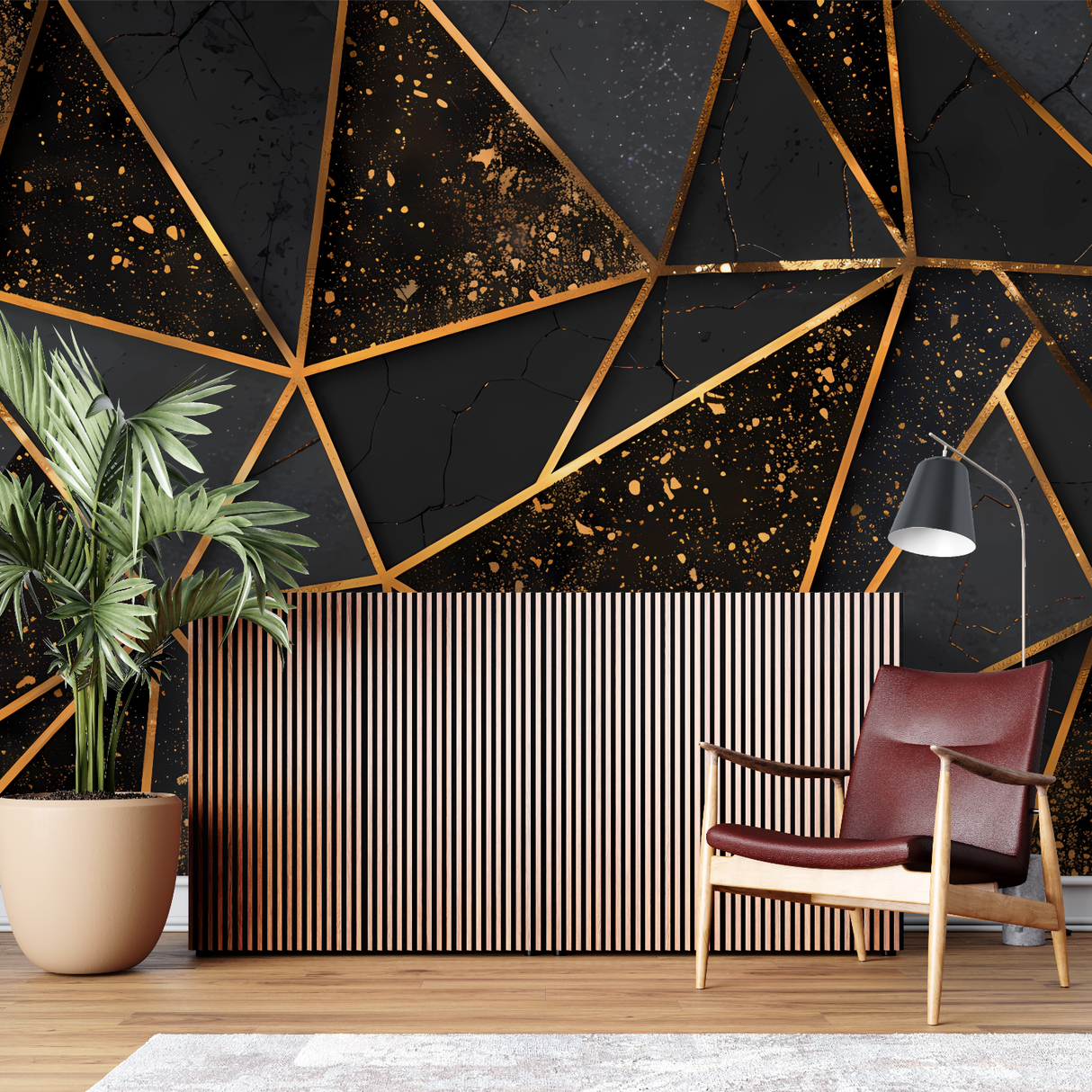 Geometric Mural Wallpaper | 3D Black and Gold Cubes Design