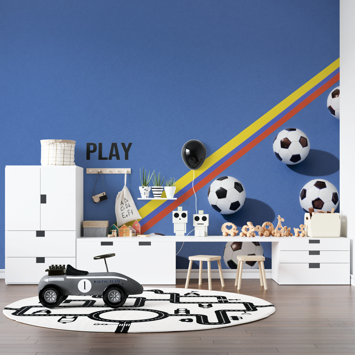 Football Mural Wallpaper | Blue Sporty Design with Rainbow Lines