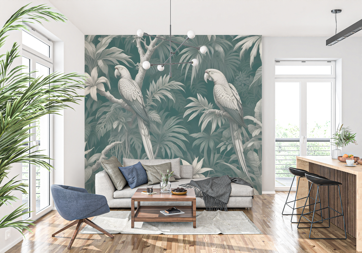 Tropical Birds Mural Wallpaper | Elegant Parrot and Palm Design