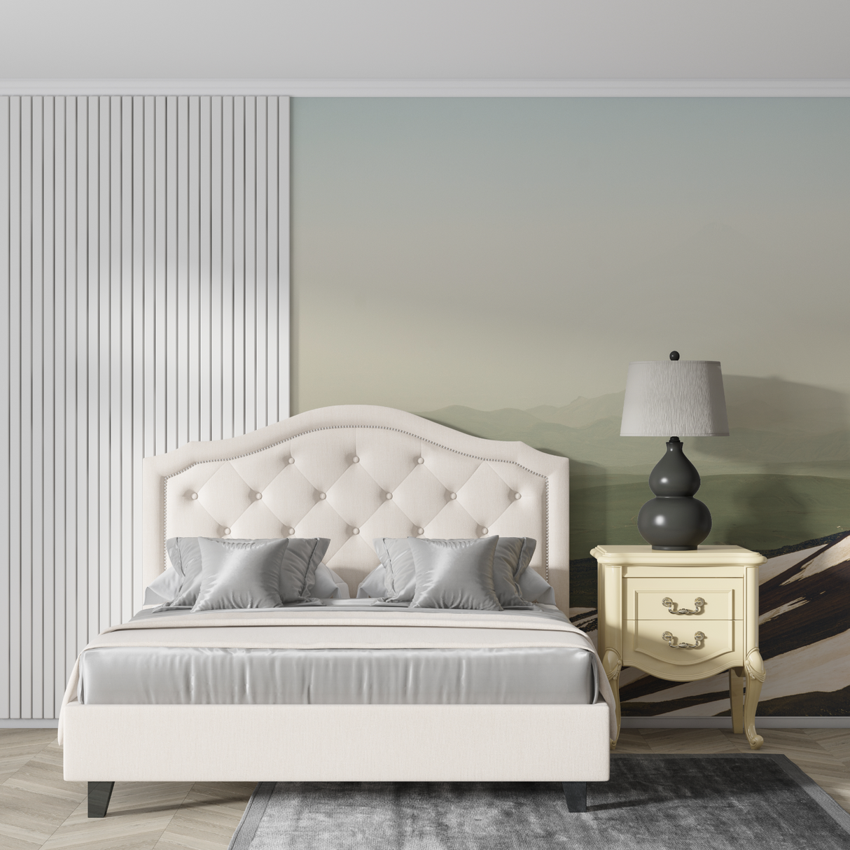 Mountain Mural Wallpaper | Misty Green Landscape with White Waves