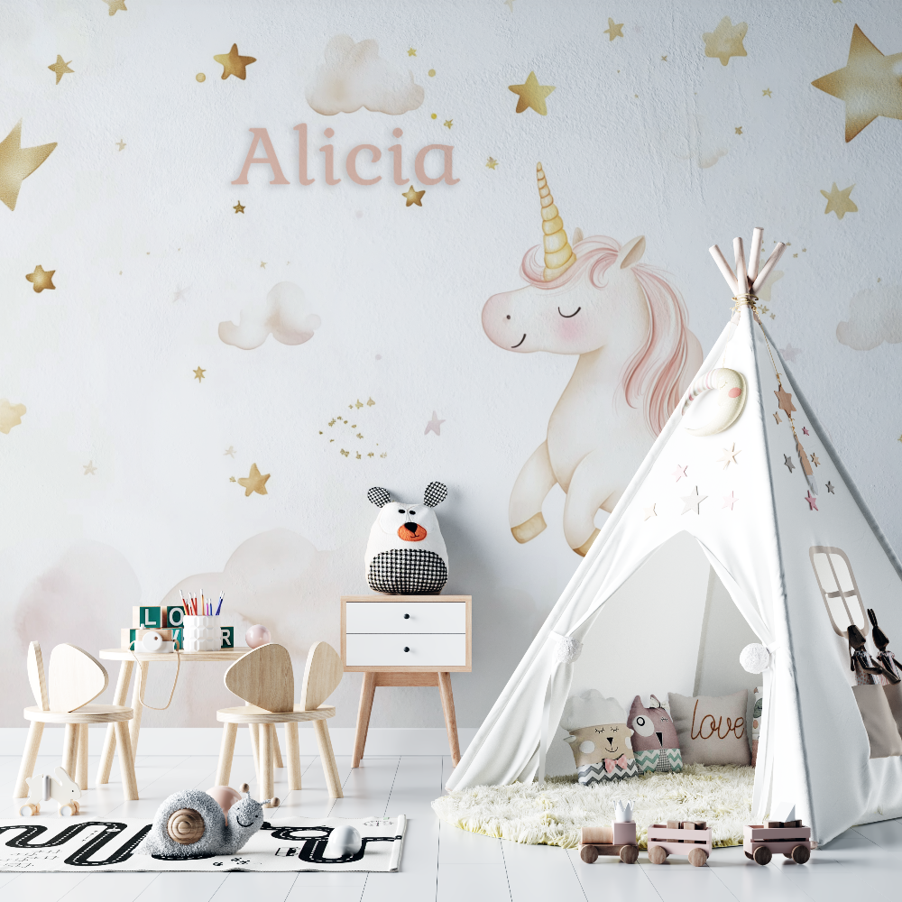 Unicorn Mural Wallpaper | Personalized Pink and Gold Stars Design