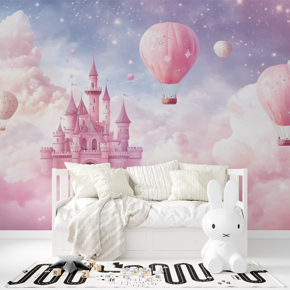 Princess Castle Mural Wallpaper | Dreamy Pink Hot Air Balloons