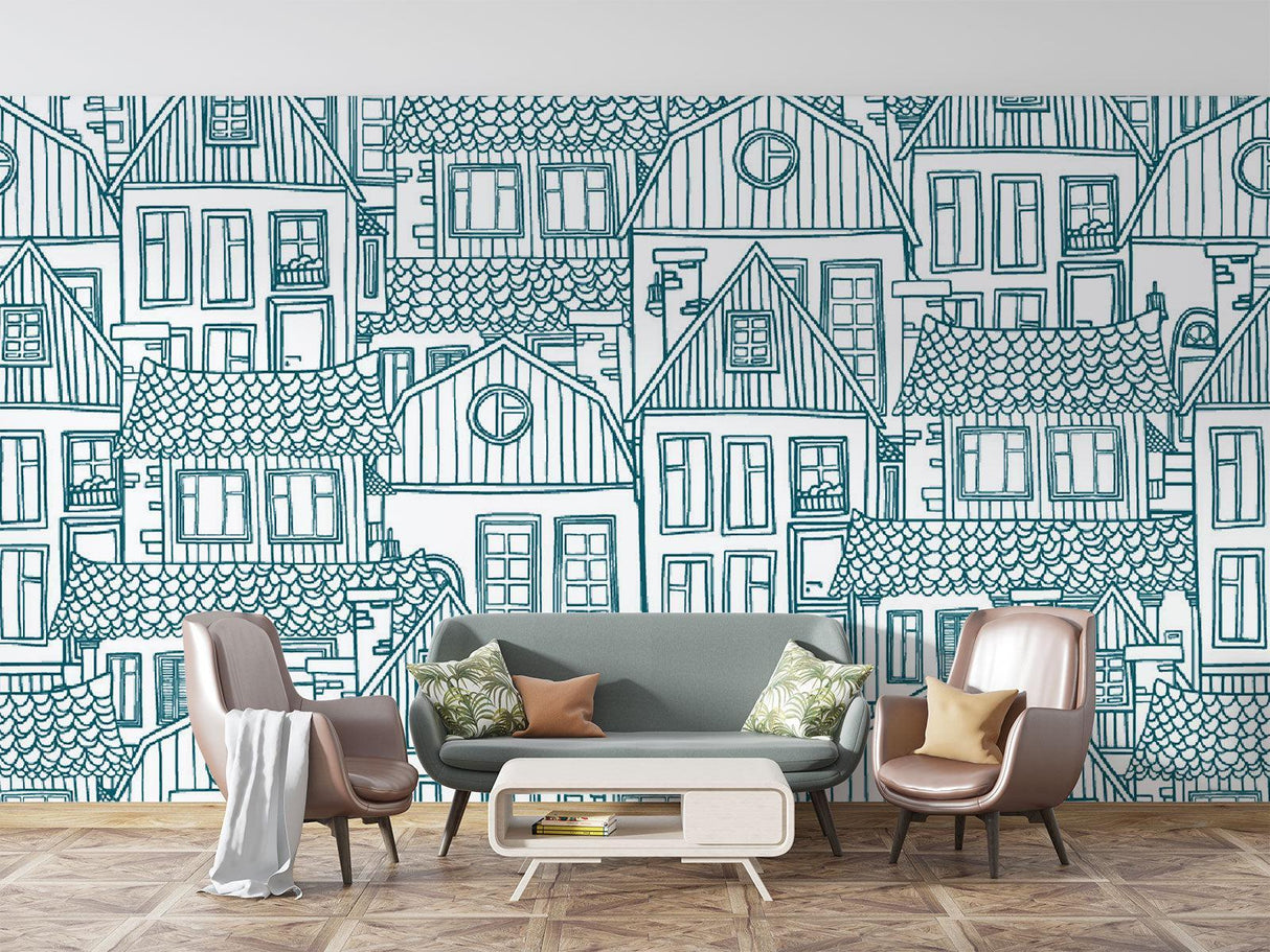 City Line Art Mural Wallpaper | Blue Architectural Sketch Design
