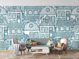 City Line Art Mural Wallpaper | Blue Architectural Sketch Design