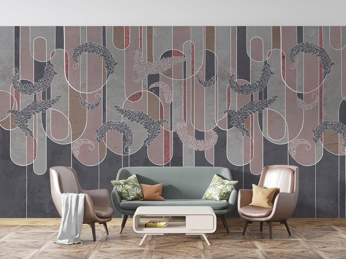 Abstract Mural Wallpaper | Geometric Feather Design with Burgundy Stripes