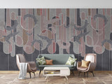 Abstract Mural Wallpaper | Geometric Feather Design with Burgundy Stripes