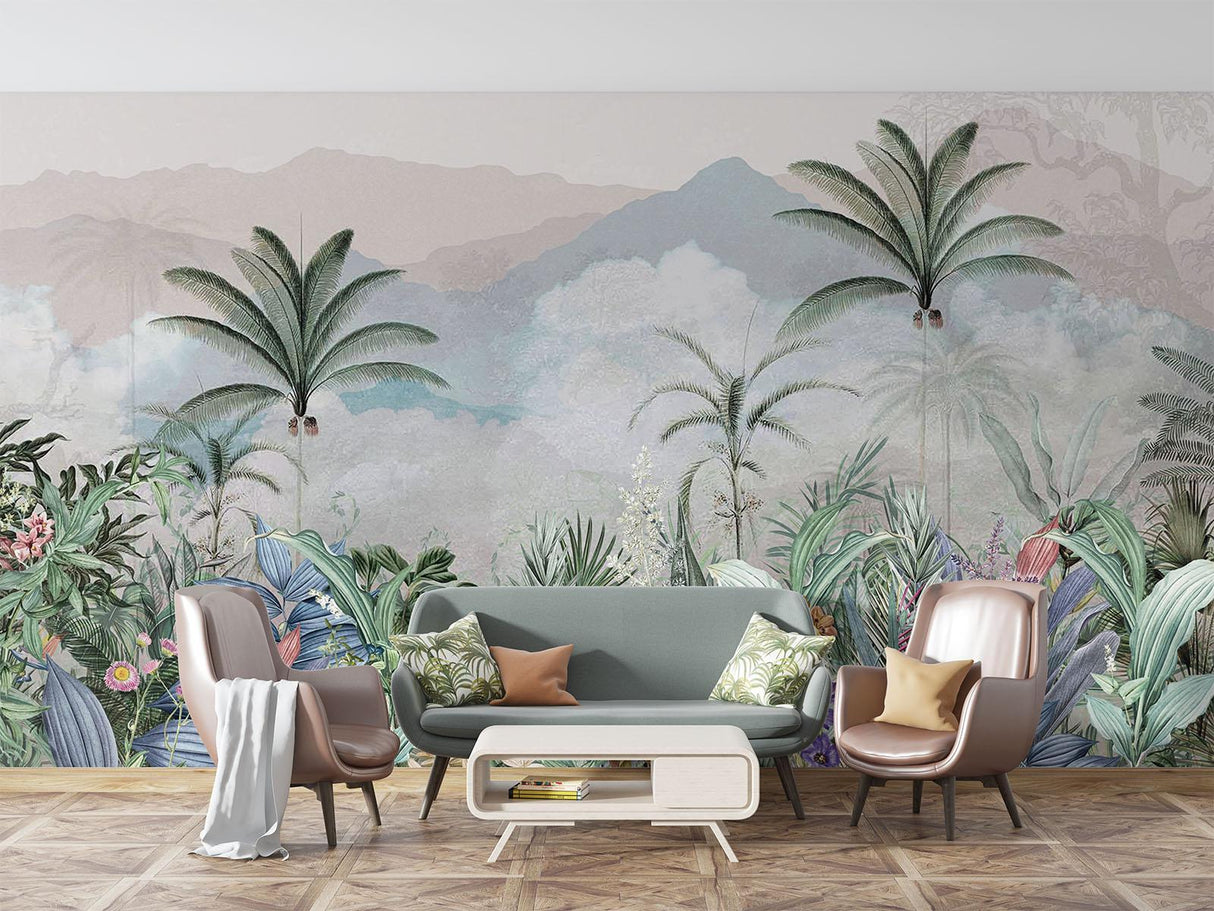 Tropical Mural Wallpaper | Mountain Paradise With Exotic Flora
