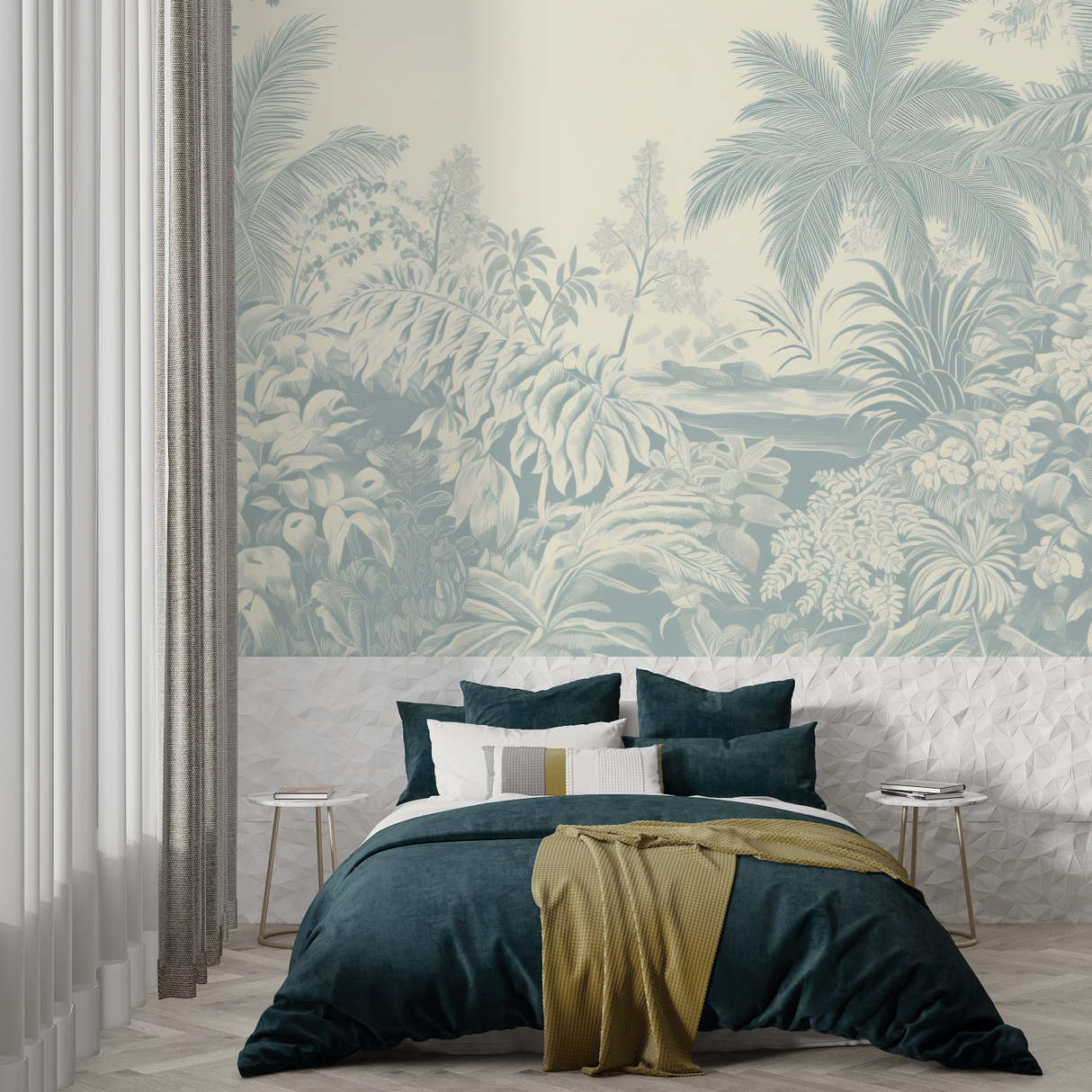 Tropical Mural Wallpaper | Soft Blue Palm Leaves Design
