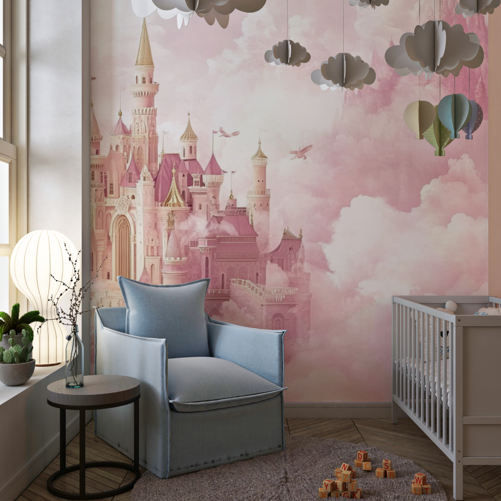 Princess Castle Mural Wallpaper | Pink Fantasy with Golden Spires