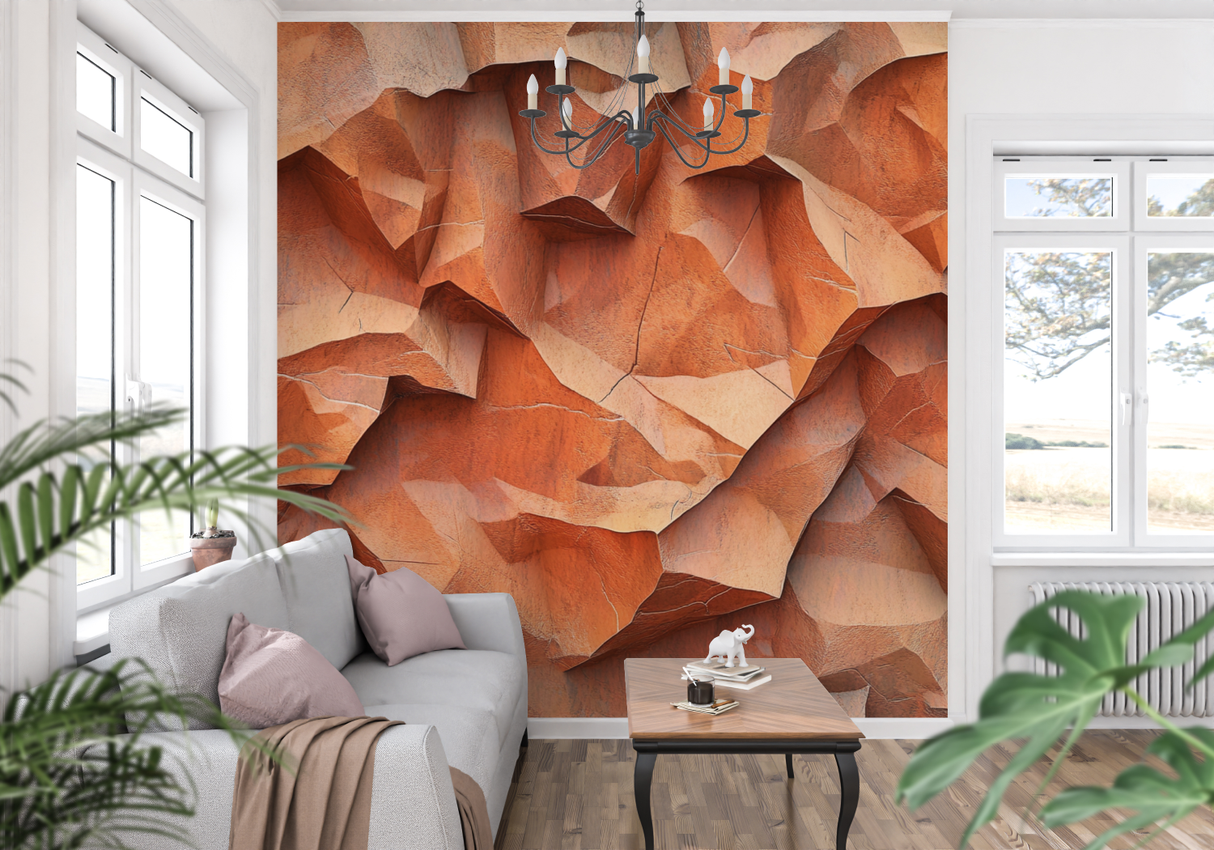 Stone Mural Wallpaper | 3D Terracotta Geometric Design