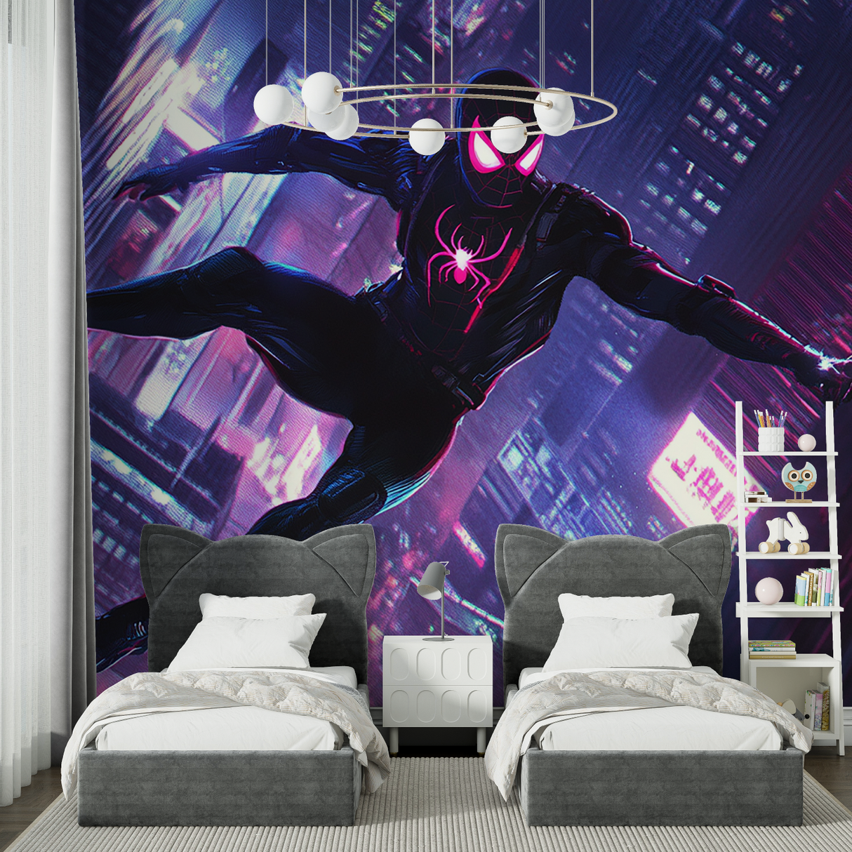 Superhero Mural Wallpaper | Neon Spider Theme City Night