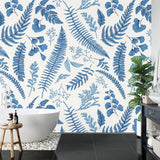 Foliage Mural Wallpaper | Blue Fern Pattern on White