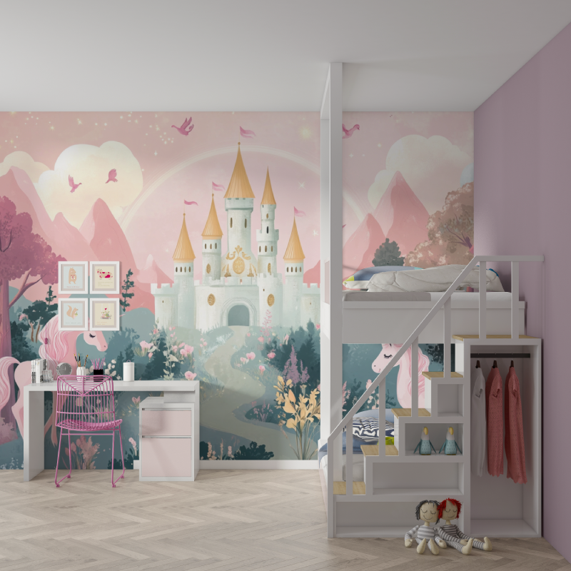 Princess Mural Wallpaper | Enchanted Castle with Pink Unicorns
