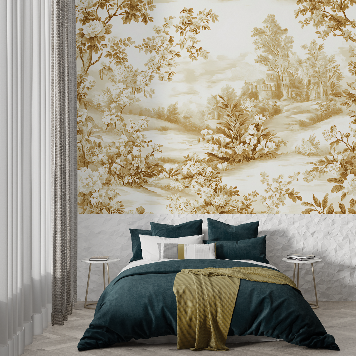 Vintage Mural Wallpaper | Golden Toile de Jouy Landscape