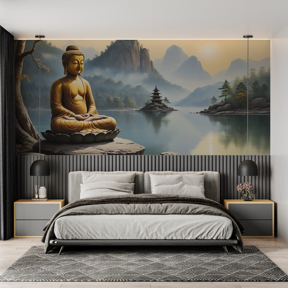 Japanese Mural Wallpaper | Zen Buddha with Mountain Lake