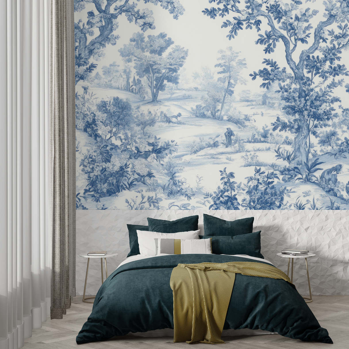 Toile de Jouy Mural Wallpaper | Classic Blue Forest Scene