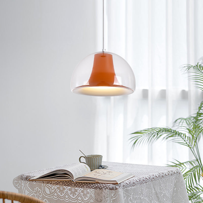 Modern Dome Pendant Light  White Glass With Orange Accent - Detailed view