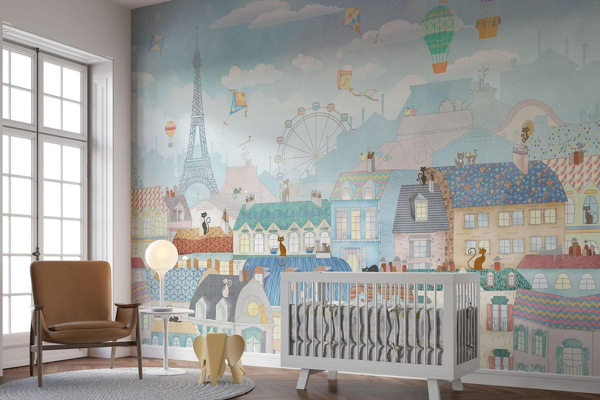 Papier Peint Mural Paris | Paysage Urbain Fantaisiste Avec Montgolfières