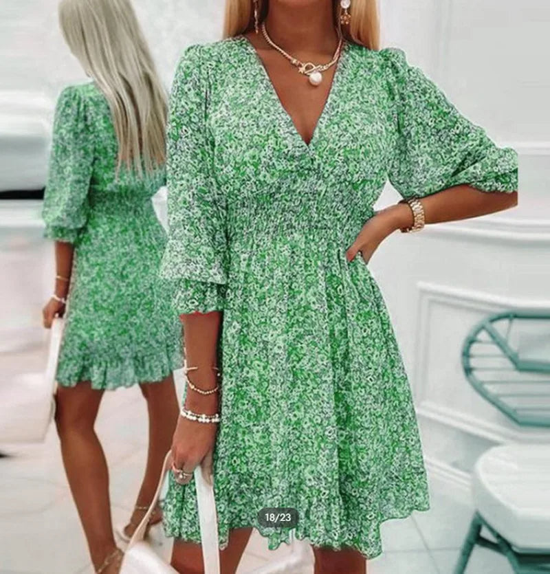 Floral Summer Mini Dress  Pink Boho V-Neck Design - Product detail 4